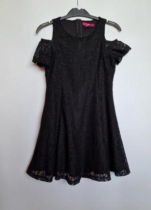 Черное гипюровое кружевное платье девочке с открытыми плечами yd сарафан летний нарядный клеш