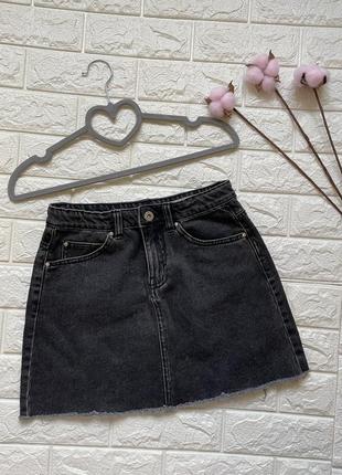 Стильная джинсовая графитовая черная мини юбка на девочку 11-12 лет