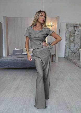 Домашний костюм/пижама (брюки+футболка+резинка для волос) серый