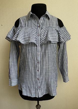 Льняная рубашка оригинального кроя, блузка с открытыми плечами
