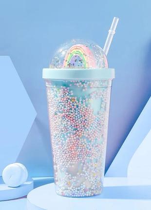 Пластиковый 2-слойный стакан для девочки с трубочкой на 550 мл радуга, бирюзовый
