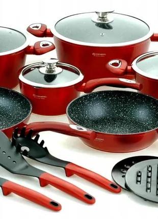 Набір посуду червона казанів 15 предметів із мармуровим антипригарним покриттям edenberg eb-56124 фото