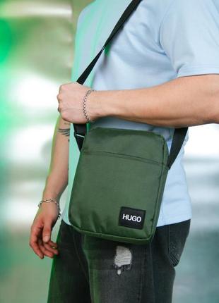 Барсетка хакі з вишитим логотипом hugo boss, сумка через плече хакі з лого hugo boss