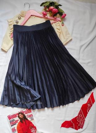 Синяя женская юбка миди плиссе атласная длинная юбка на резинке