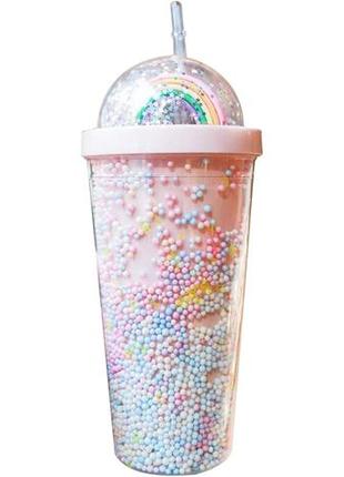 Пластиковый 2-слойный стакан для девочки с трубочкой на 550 мл радуга, розовый