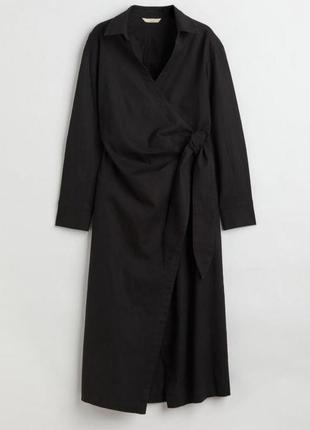 Черное льняное платье на запах