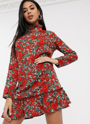 Плаття жіноче червоне зелене квітковий принт міні