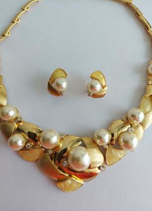 Винтажное ожерелье + серьги золото жемчуг 8022