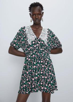 Новое мини платье в цветочный принт и с кружевным декоративным воротником от zara