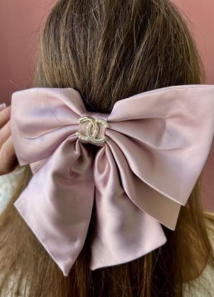 Заколка-автомат бант шелковая розового  цвета