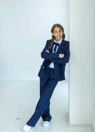 Костюм детский подростковый брючный для девочки двубортный пиджак, брюки, нарядный, темно синий