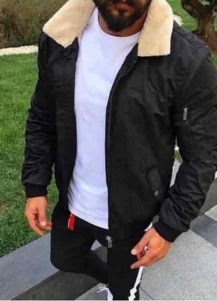 Чоловіча чорна куртка демісезонна з хутряним коміром, туреччина