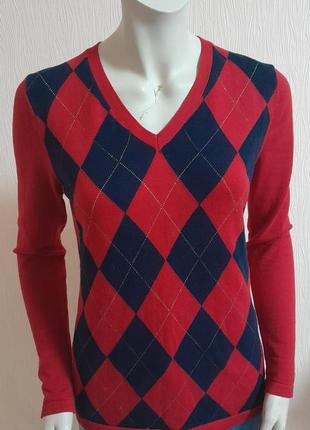 Стильный хлопковый пуловер красного цвета с ромбиками tommy hilfiger
