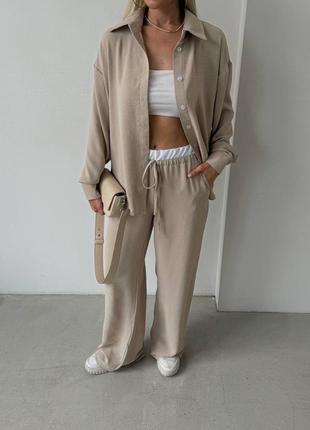 Трендовый креповый женский костюм оверсайз рубашка и широкие брюки палаццо стильный комплект легкий