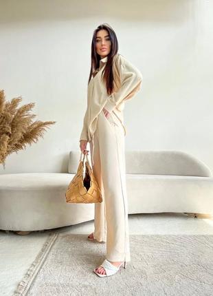 Качественный креповый оверсайз костюм рубашка и широкие брюки стильный женский комплект легкий