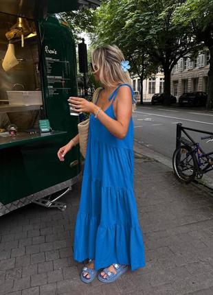 Женский летний длинный сарафан свободного кроя голубой креп жатка макси платье в пол на бретельках