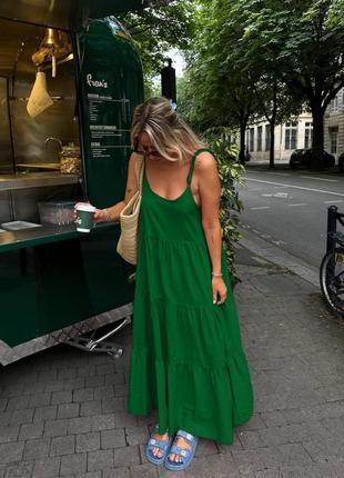 Женский летний длинный сарафан свободного кроя трава зеленый креп жатка макси платье в пол на бретельках