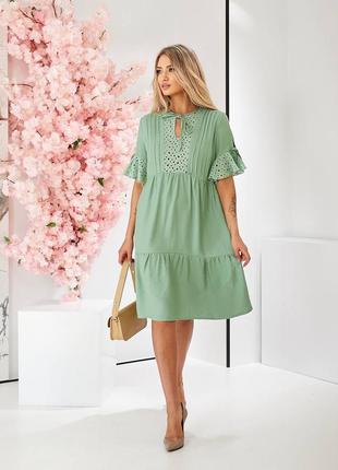Літня льняна натуральна сукня міді вільна з прошвою олива жіноче лляне плаття з льону льон жатка