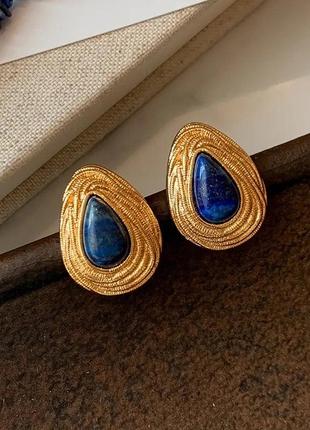 Стильні золотисті сережки кульчики пусети підвіси синій натуральний камінь