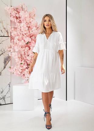 Белое льняное натуральное платье миди свободное с прошвой летнее женское льняное платье из льна лен жатка