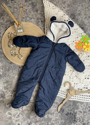 1+1=3 🧸 комбинезон matalan 0-3 56-62 демисезонный с ушками синий белый для мальчика4 фото