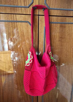 Вязаная красная ажурная сумка/
ручная работа 3