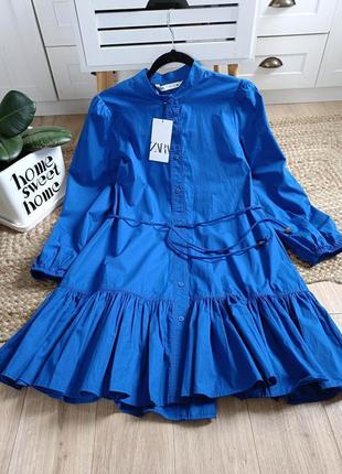 Ярко-синее платье рубашка мини от zara, размер м*