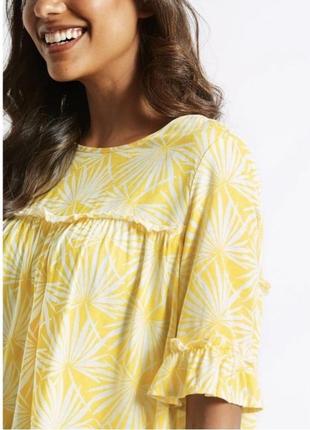 Блуза свободного кроя вискоза блузка короткий рукав летняя с рюшами натуральная желто- белого цвета