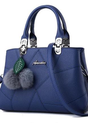 Модная женская сумка с брелком шариком, женская сумочка на плечо с меховой подвеской синий