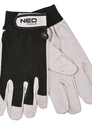 Neo tools рукавички робочі, свиняча шкіра, фіксація зап'ястя, р.8, чорно-білий