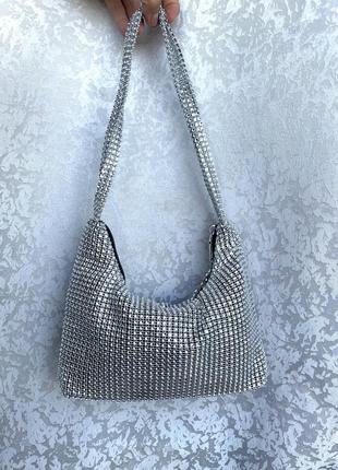 Стильная сумка металлик серебристая клатч, нарядная, микро
