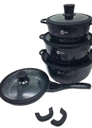 Набір посуду з гранітним покриттям із силіконовими кришками чорний (10 предметів) higher kitchen нк-3247 фото