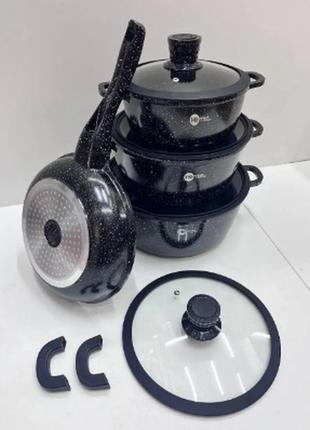 Набір посуду з гранітним покриттям із силіконовими кришками чорний (10 предметів) higher kitchen нк-3244 фото