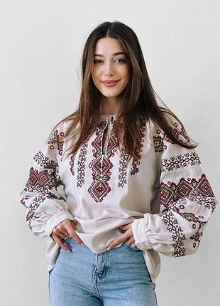 Жіноча стильна вишиванка, вишита сорочка, біла з червоним українським орнаментом, блуза з вишивкою з довгим об'ємним рукавом в українському стилі