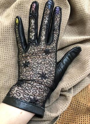 Женские кожаные перчатки без подкладки из натуральной кожи с гипюровой вставкой размер...