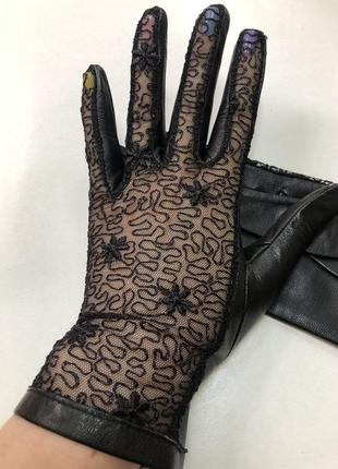 Женские кожаные перчатки без подкладки из натуральной кожи с гипюровой вставкой размер...