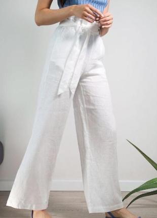 Льняные прямые широкие женские брюки с высокой посадкой