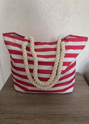 Стильная крутая летняя пляжная сумка в красно-белую полоску