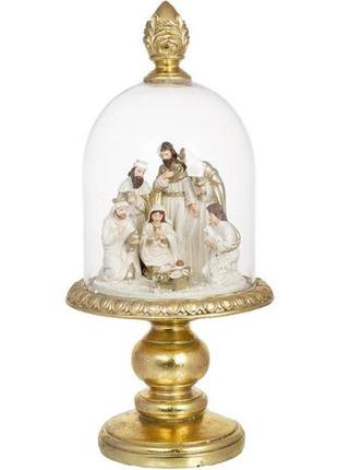 Різдвяна композиція "вертеп" 55 см під скляним ковпаком, королівський золотий