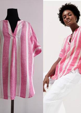 Блуза из чистого льна в полоску с v-образным вырезом и короткими рукавами pure linen marks&spencer, 14