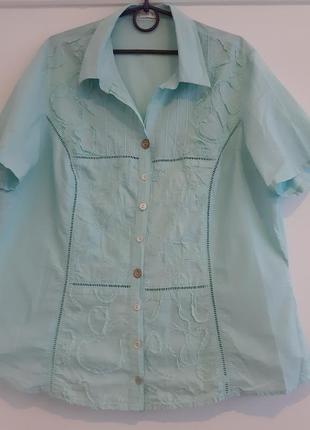 Бирюзовая хлопковая блуза с коротким рукавчиком, сетка, аппликация, рубчик