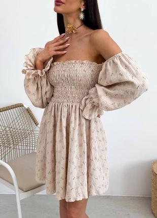 Ідеальна сукня міні муслін з прошвою незвичайне нарядне плаття з довгими рукавами вільного крою