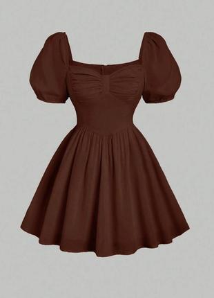 Женское коричневое элегантное стильное качественное платье меди с подчеркиванием талии рукава коротк