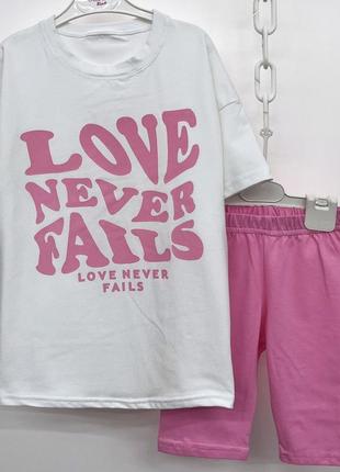 Костюм — двійка дитячий, підлітковий, літній, для дівчинки, футболка, треси — шорти, рожевий