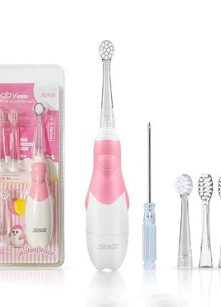 Детская электрическая зубная щетка звуковая seago sg513 с таймером подсветкой 4 насадки розовая