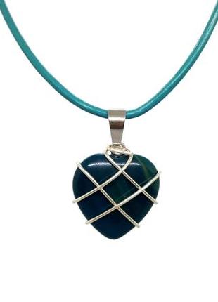 💙✨ кулон "сердце" натуральный камень синий агат на кожаном шнурке