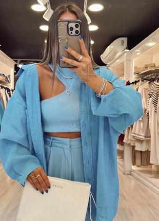 Структурная льняная женская рубашка оверсайз стильная рубашка из льна