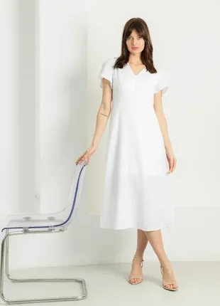 Біла муслінова сукня з короткими рукавами приталена міді сукня з мусліну