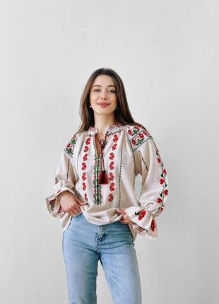 Стильная женская вышиванка, вышитая рубашка, белая с красным украинским орнаментом, блуза с вышивкой с длинным объемным рукавом в украинском стиле