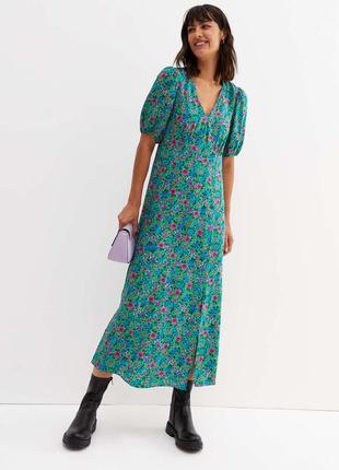 Новое! яркое натуральное цветочное платье-миди с поясом разрезом объемными рукавами